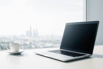 Poster - Sleek laptop and coffee cup on modern office desk near window with bright cityscape background, symbolizing tech workspace and light productivity.