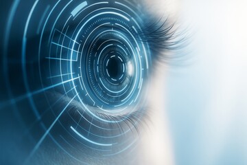 Aufkleber - Futuristic digital interface overlay on human eye symbolizing biometric technology and innovation in tech business background concept.