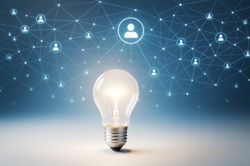 Poster - Glowing light bulb on gradient background with connected user icons symbolizing innovation and digital communication concept in technology network system.