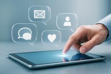 Fototapete - Finger touching tablet with floating communication icons in modern tech interface on soft blue background, symbolizing digital interaction concept.