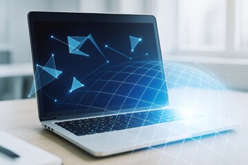 Aufkleber - Futuristic laptop with glowing geometric digital elements and grid overlay on bright background illustrating abstract technology and business concept.