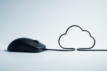 Aufkleber - Computer mouse connected to cloud shape by cable symbolizing cloud computing and data access on light background, creative technology concept..