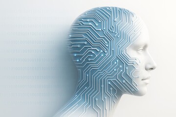 Aufkleber - Futuristic human head merged with circuit board lines on light background symbolizing artificial intelligence and digital technology concept.