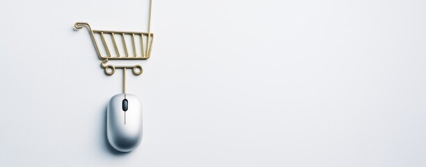 Poster - Shopping cart symbol made of wire connected to computer mouse on clean white background symbolizing online shopping and technology concept.