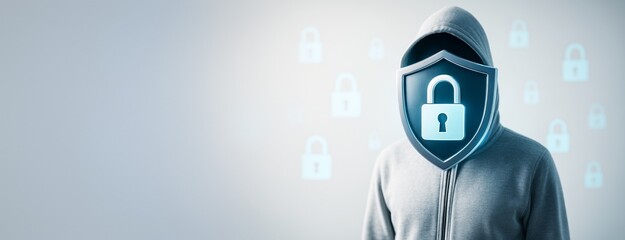 Poster - Cybersecurity concept with anonymous hoodie figure wearing a shield with padlock icon on light background with copyspace for tech promotion mockup.