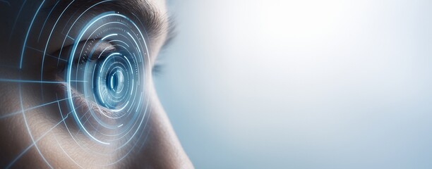 Aufkleber - Futuristic biometric eye scan with digital interface elements on clean light background for technology concept, advertising, or digital poster template use.