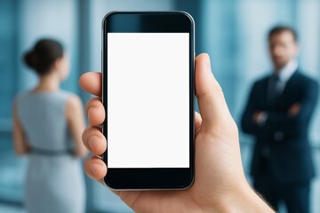 Poster - Hand holding smartphone with blank white screen in office setting with business professionals in background, ideal for mockup or business concept.