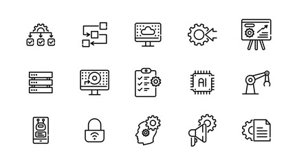 Automation linear icon set. Artificial Intelligence, information technology, computing, IT manager, network, internet, big data, cloud, analytics, business vector icon set. UI thin line icon pack.
