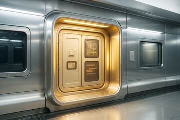 Poster - Futuristic subway train door with glowing yellow light in metallic interior background, showcasing modern transport and abstract technology concept.