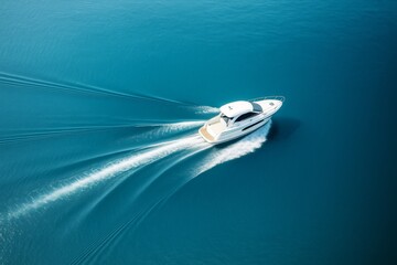 Poster - White motor yacht cruising through calm blue sea leaving wake behind, top-down view with minimal waves and water reflections.