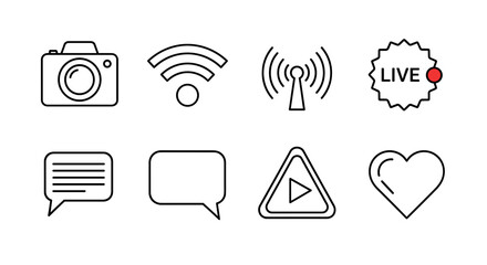 Aufkleber - Vector collection of outlined icons featuring camera, wifi, antenna, live, chat, play and heart shapes