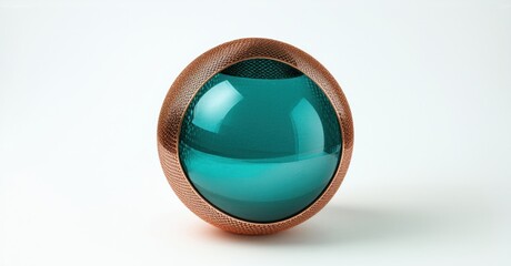 Poster - Round object, textured exterior, glossy teal interior. Simple studio shot, clean background, minimal lighting. Focus on spheres form.