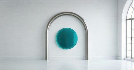 Poster - Minimalist interior features metal arch, teal circle. Clean white walls, floor create serene space. Modern design, simple geometry.