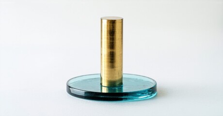 Poster - Brass cylinder rests upon circular glass base. Minimalist studio shot, clean background, simple composition. Object appears metallic, reflective.