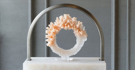 Poster - Coral sculpture displayed within metal arch. Delicate pink hues contrast neutral backdrop. Artistic object, elegant presentation, interior decor.