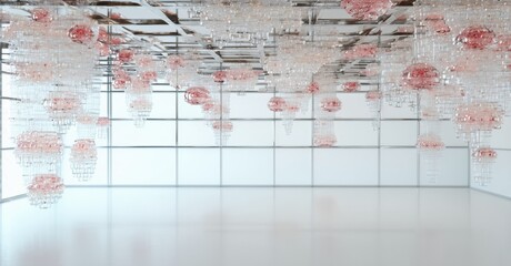 Poster - Bright interior features numerous hanging pink glass spheres. Minimalist space, large windows provide ample light. Modern art installation dominates ceiling.