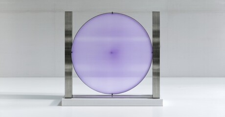 Poster - Purple glowing circle suspended within metal frame. Minimalist design, clean lines, modern art installation. Bright studio lighting.