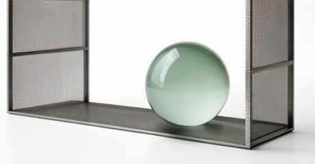 Poster - Metal shelf holds glass sphere. Minimalist design, clean lines, neutral palette. Simple composition, studio lighting, modern aesthetic.
