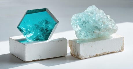 Leinwandbilder - Two mineral specimens rest upon white blocks. One is hexagonal, turquoise. Other appears rough, pale blue, crystalline. Studio lighting.