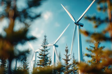 Aufkleber - Wind turbines are producing clean energy, standing tall amidst a lush green forest under a clear blue sky