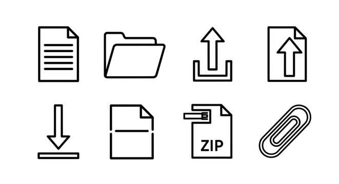 Vector outline icons depicting file management actions such as upload download and archiving functions shown here