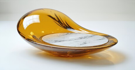Poster - Amber glass vessel holds marble slab. Smooth curves, glossy finish, modern design. Minimalist aesthetic, studio lighting, elegant form.