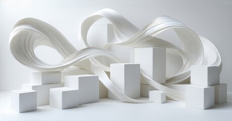 Poster - White sculpture features stacked cubes, flowing ribbonlike forms. Minimalist composition, clean lines, soft lighting, modern art installation.