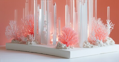 Poster - Abstract coral reef model. White base supports pink, clear structures resembling ocean life. Minimalist, artistic presentation.