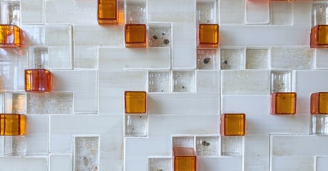 Aufkleber - Mosaic pattern features rectangular tiles. White base interspersed with orange glass squares. Texture appears glossy, clean, modern.