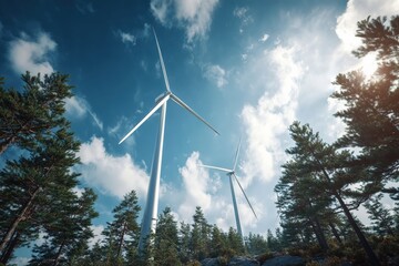 Aufkleber - Two wind turbines are standing tall in a lush pine forest, their white blades rotating against the backdrop of a vibrant blue sky, symbolizing sustainable energy production