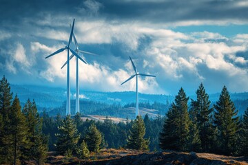 Aufkleber - Wind turbines are producing sustainable energy in a scenic landscape with a forest of pine trees and a cloudy sky