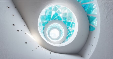 Poster - Spiral staircase interior. White walls, mosaic glass skylight. Light streams down creating circular patterns, modern design.