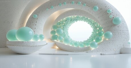 Poster - Minimalist scene. White structure holds pale blue spheres, creating abstract composition. Soft lighting enhances gentle curves, smooth textures.