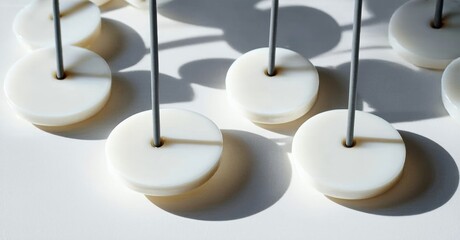 Poster - White discs suspended by metal rods create interesting shadows. Minimalist design, clean aesthetic, simple geometry dominates composition.