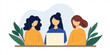 © Pimnon - Illustration of three women sitting together with a laptop, surrounded by green leaves, symbolizing teamwork and collaboration.