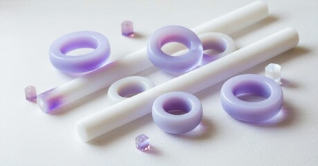 Poster - Purple rings, white rods, small crystals. Minimalist composition, soft lighting, pastel tones. Clean aesthetic, geometric shapes, studio shot.