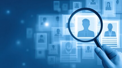 Poster - A hand holding a magnifying glass over digital profiles on a blue background.