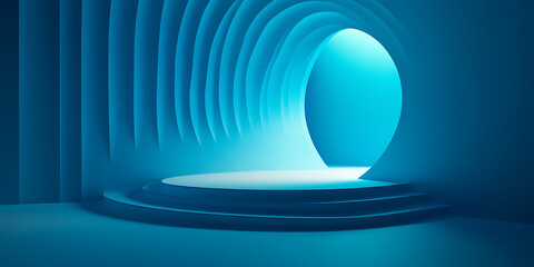 Poster - Elegant blue minimalist stage with curved backdrop for product showcase presentation or abstract graphic design