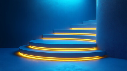 Poster - Elegant blue staircase illuminated with warm light modern architectural design showcase of contemporary style and geometric precision minimalistic design for presentation