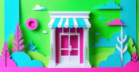 Aufkleber - Papercraft scene depicts storefront. Bright colors, stylized trees, clouds create whimsical landscape. Minimalist design, playful aesthetic.