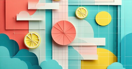 Aufkleber - Abstract papercraft composition. Citrus fruits, geometric shapes, pastel colors create playful visual experience. Modern design.