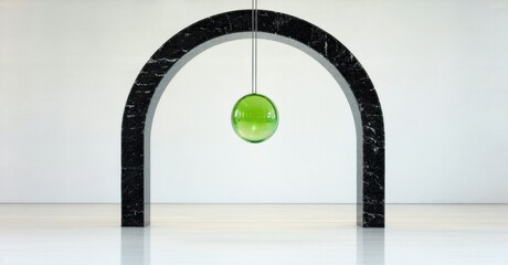 Poster - Black marble arch frames vibrant green sphere. Minimalist composition, clean lines, reflective surface, modern design, studio lighting.