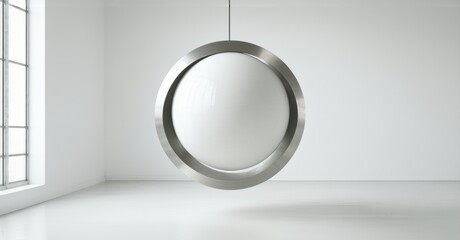 Poster - Minimalist interior features suspended metal ring. Clean white walls, simple window create spacious feel. Modern design emphasizes geometry.