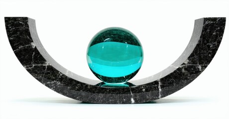 Poster - Dark stone arches support vibrant teal sphere. Minimalist sculpture presents balance, form, texture. Clean lines, modern aesthetic.