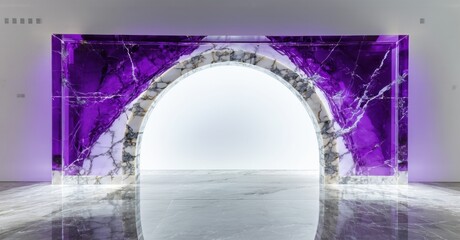 Poster - Minimalist interior features purple marble archway. Bright light emanates from behind structure, reflecting on polished floor. Clean lines, modern design.