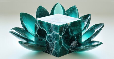 Poster - Sculpture features cube nestled within blossoming petals. Teal hues dominate, creating striking visual contrast. Light plays across textured surfaces.