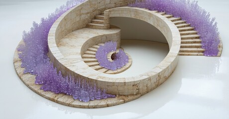 Poster - Circular structure features spiral staircases, surrounded by amethyst crystals. Minimalist design, soft lighting, elegant composition.