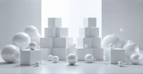 Poster - Minimalist scene. White spheres, cubes create abstract composition. Bright studio lighting, clean aesthetic. Geometric shapes dominate space.