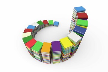 Poster - 3D rendering is showing colorful book stacks forming open ring on white background, copy space