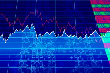 Poster - Flat financial chart is showing colored line graphs on blue grid with numerical tickers and columns